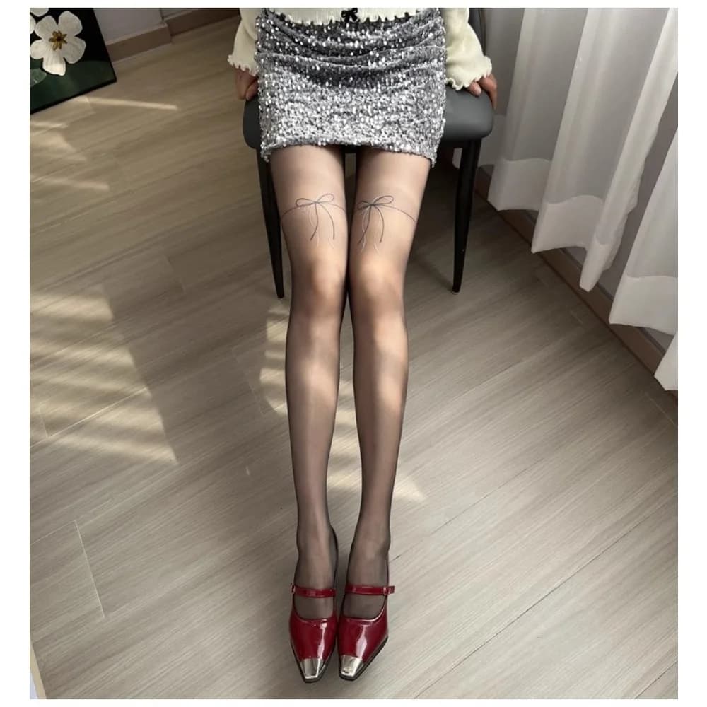Women's slim tattoo effect tights with bow print, black legs effect, meat color, Spice Girl style, black silk leggings, for a seductive look