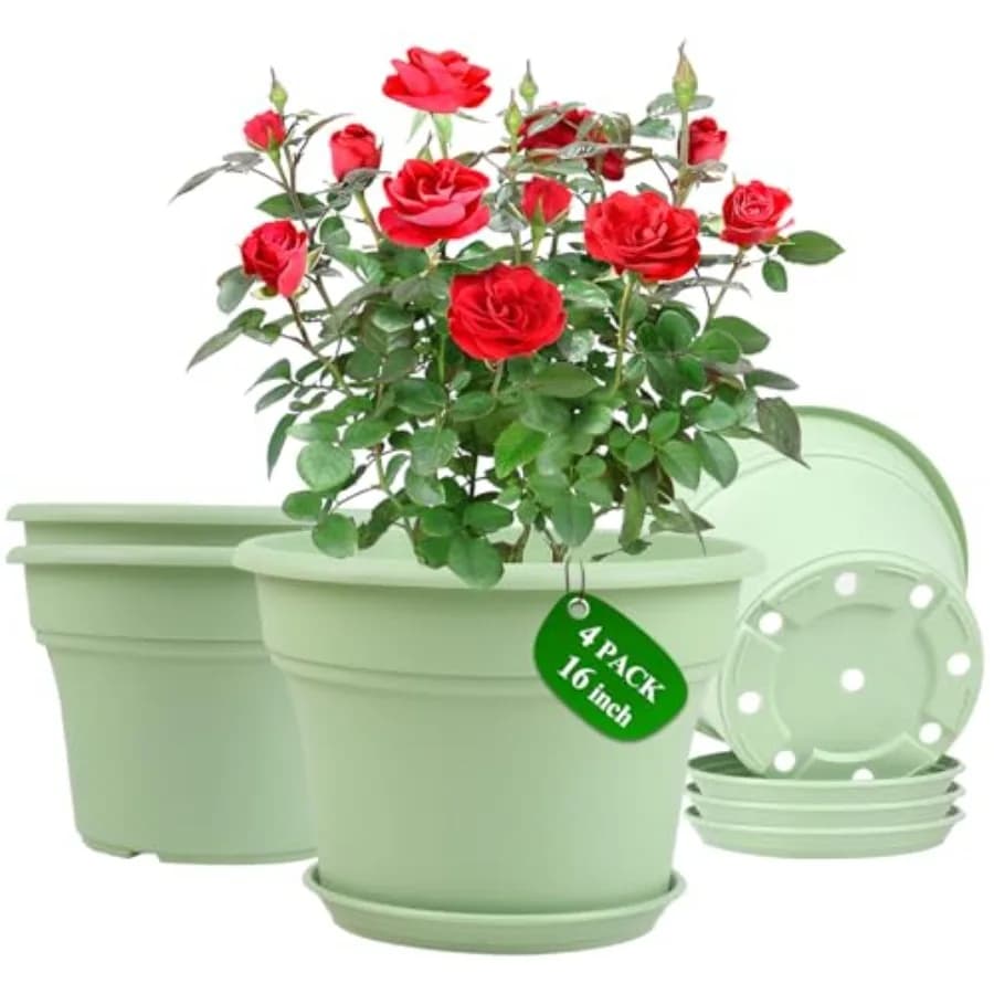 Vaso da fiori in plastica da 16 pollici per piante da interno, confezione da 4, vaso grande da esterno con fori di drenaggio, sottovasi, in resina decorativa per giardino