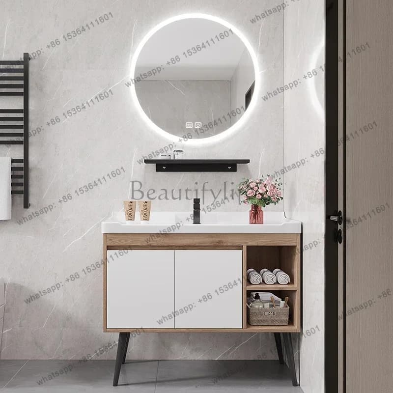 Mobili da Bagno Multifunzione con Lavabo, Specchio e Armadietti con Illuminazione, Arredamento Semplice per la Casa