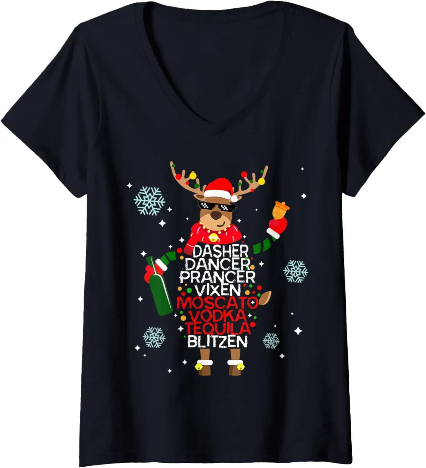 Womens Dasher Dancer Prancer Vixen Moscato Vodka Tequila Blitzen V-Neck T-Shirt Creative, Personalized, Novel, With Women's and Men's Breathable