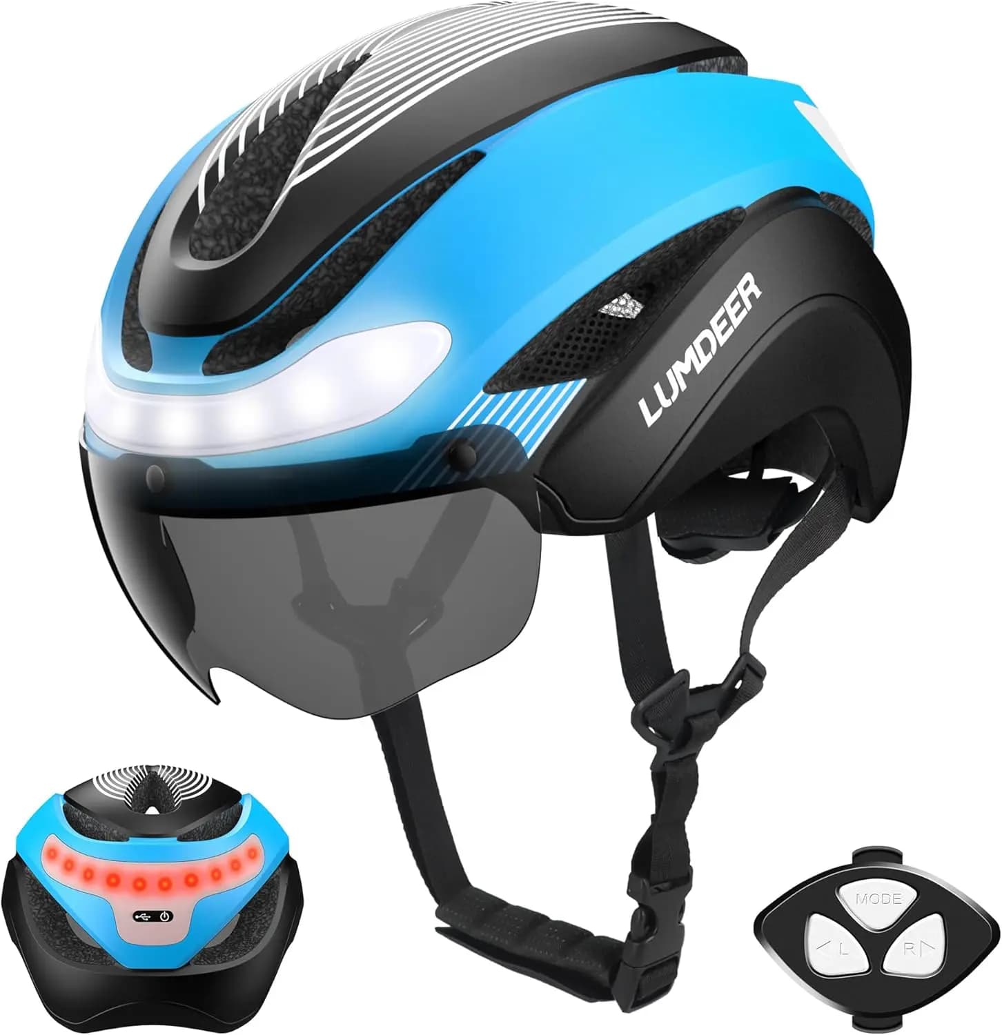 LED Bicycle Helmet with Direction Indicators, Rechargeable Lights, visor and E-bike and Scooter Glasses - Adult Adjustable