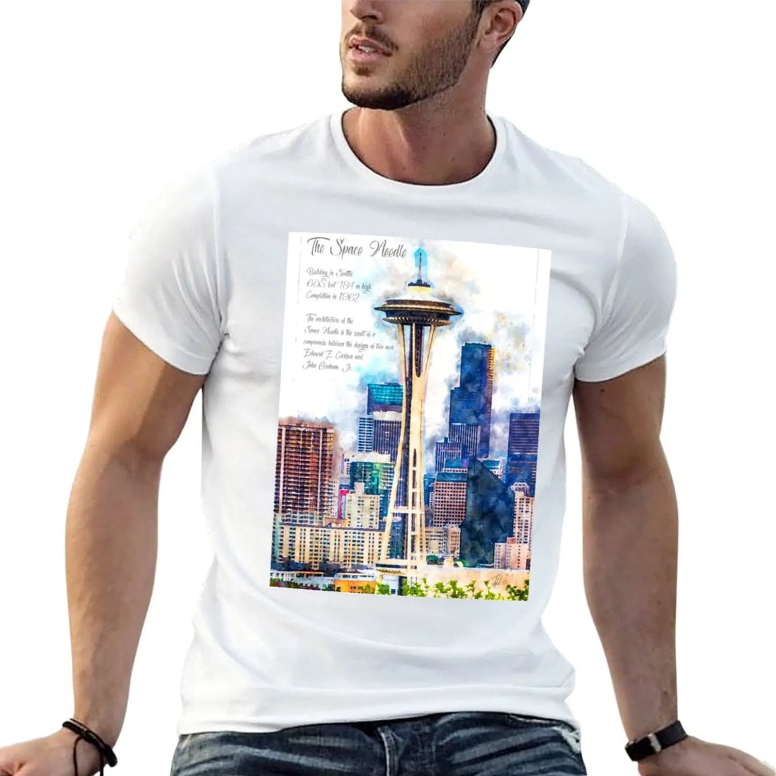 Space Needle, Seattle, T-shirt con disegno ad acquerello, magliette divertenti, magliette grafiche da uomo in cotone, T-shirt
