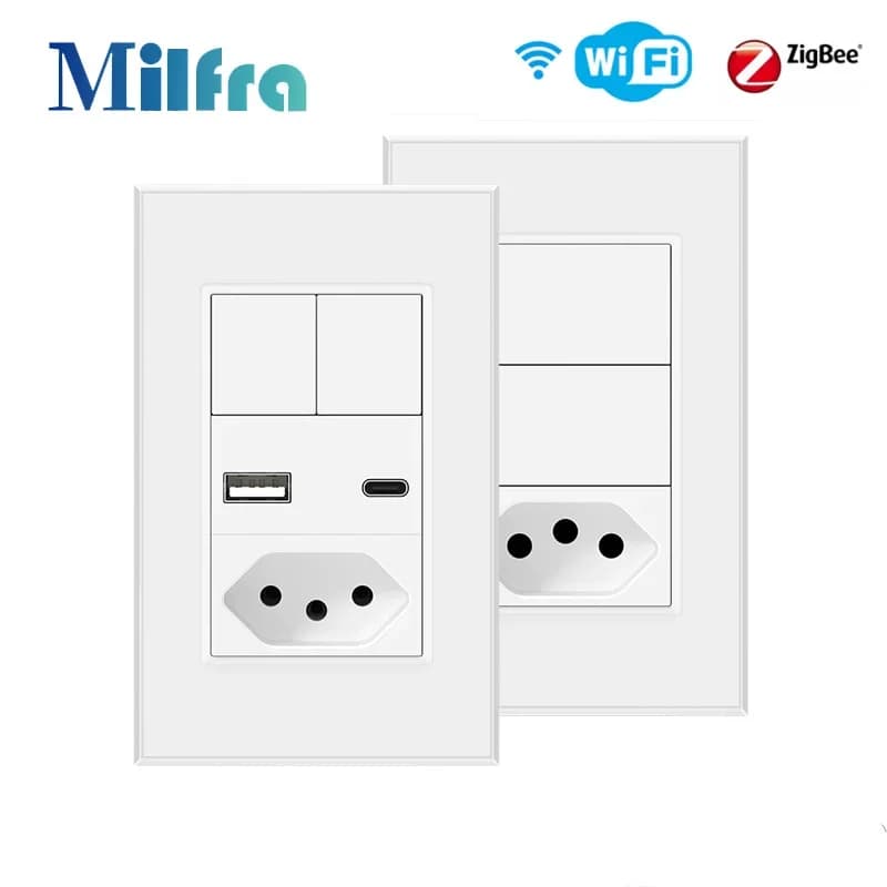 Brasile Smart Switch & Socket Tuya Wifi / Zigbee 2 Gang Pulsante Smart Light Switch Presa Controllo vocale funziona per Alexa Google Home