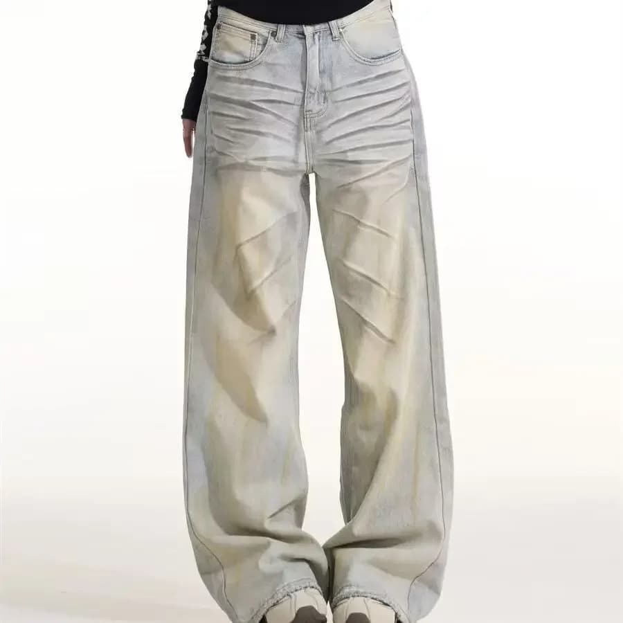 Dirty Dyed Splicing Design Oversized Flared Jeans for Men Women White Cat Whiskers Detail Casual Streetwear Denim Pants