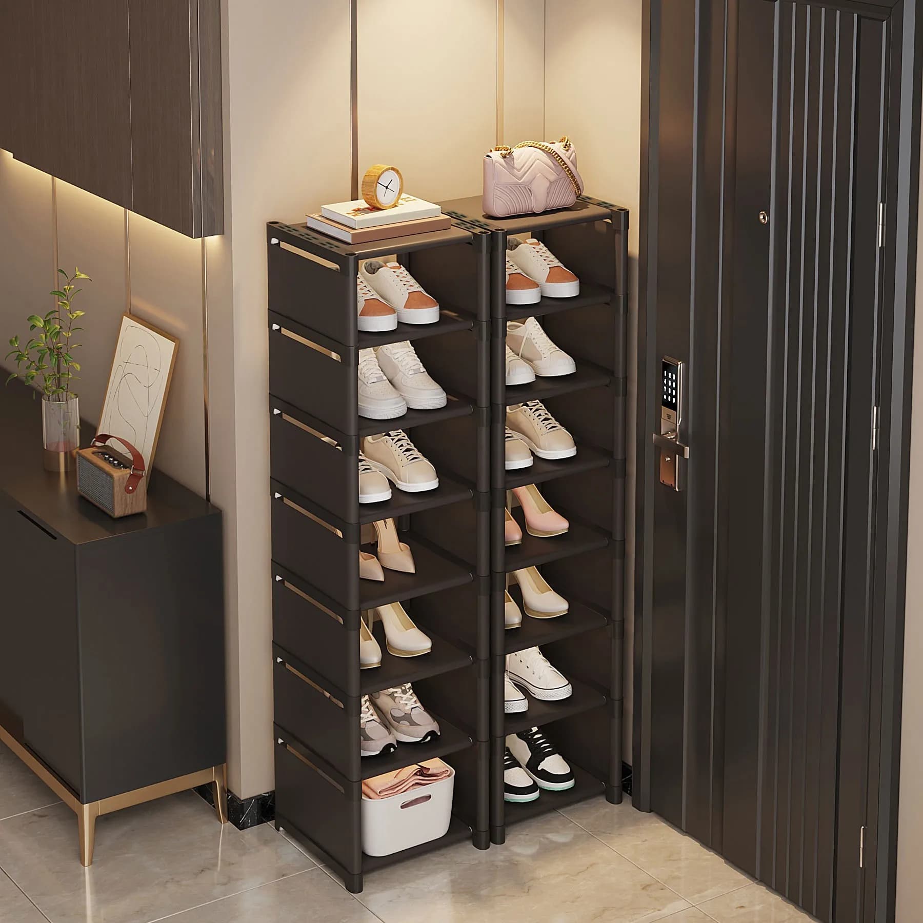 Organizzatore di scarpe multilivello, scarpiera, gain space, per angolo a parete, ripiano impilabile, armadio economico regolabile