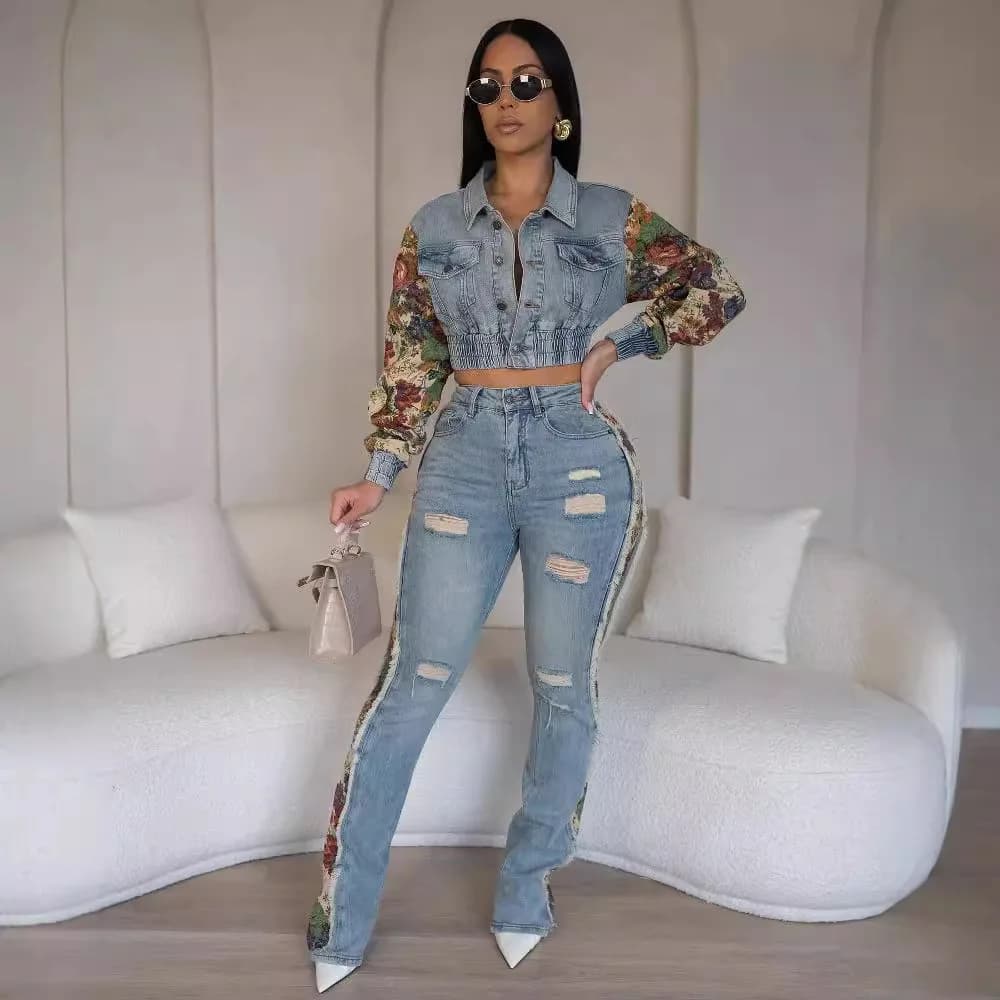 Abito jeans Donna Denim Set da 2 pezzi Cappotto corto Pantaloni Completi Pantaloni con foro Stampa floreale Colletto rovesciato Autunno 2025 Ensemble