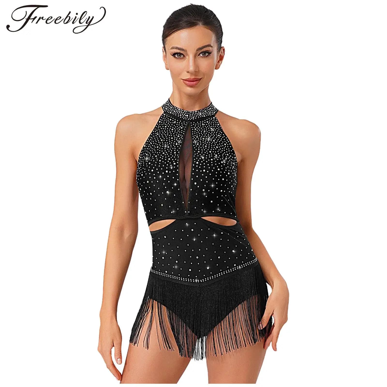 Women Latin Jazz Dance Bodysuit Sleeveless Rhinestones Mesh Tassel Leotard for Cha-cha Samba Rumba Ballroom Skating Gymnastics