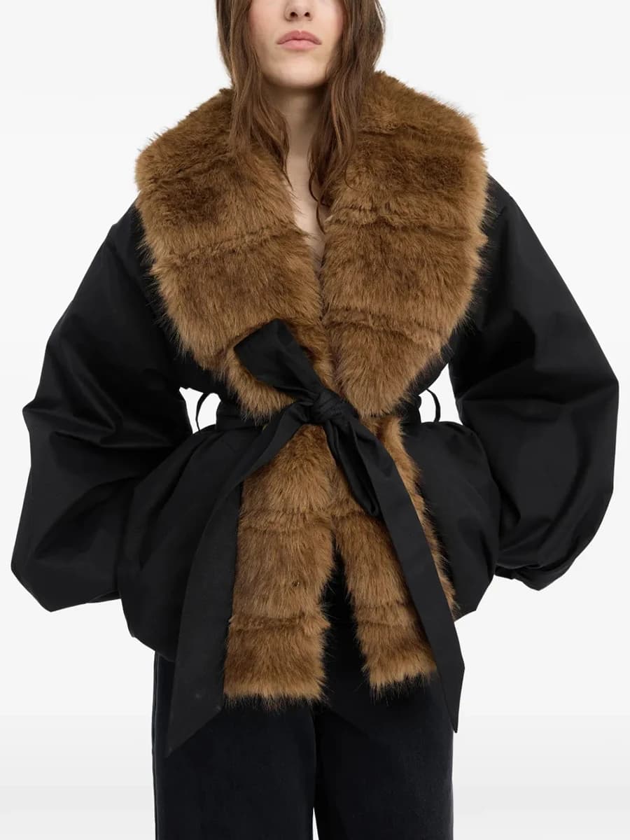 Women's Faux Fur Coat Belted Black Peplum Winter Jacket Fluffy Collar Long Tie Waist Lantern Sleeve Old Money Luxury Fashion