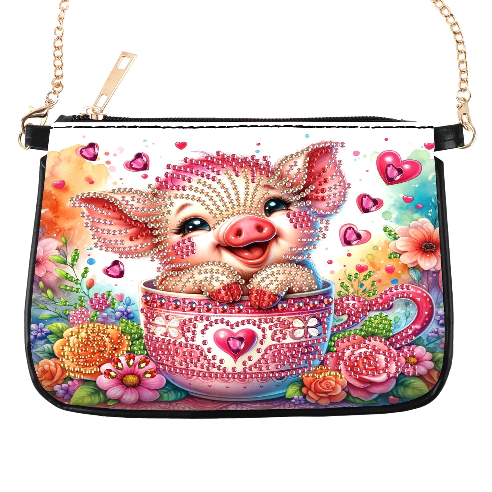 Kit di borse per pittura artistica con diamanti per adulti, con borsa a tracolla a catena, simpatico maiale fai da te a forma di diamante artigianale fatto a mano arte regalo creativo