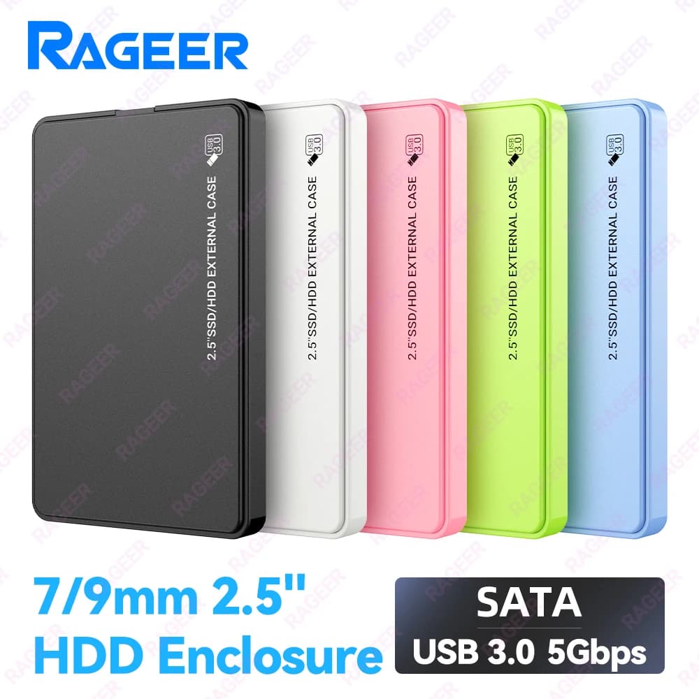 Custodia per disco rigido esterno RAGEER da 2,5" Custodia per disco rigido esterno a 5 colori da USB 3.0 a SATA 3.0 Custodia per disco rigido da 5 Gbps per HDD da 7 mm/9,5 mm da 2,5"