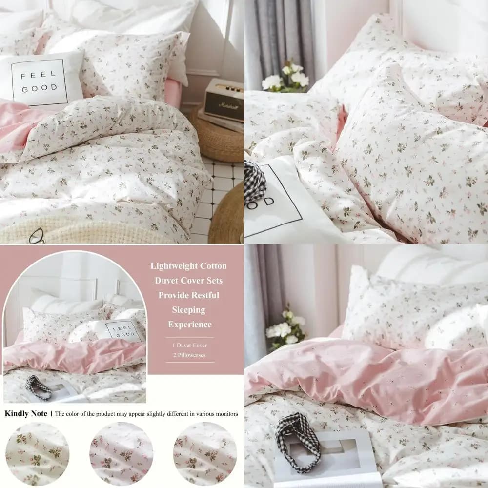 Vintage pink and white floral duvet cover set, cotton bed linen 3 pieces with zip closure (1 duvet and 2 pillowcases)