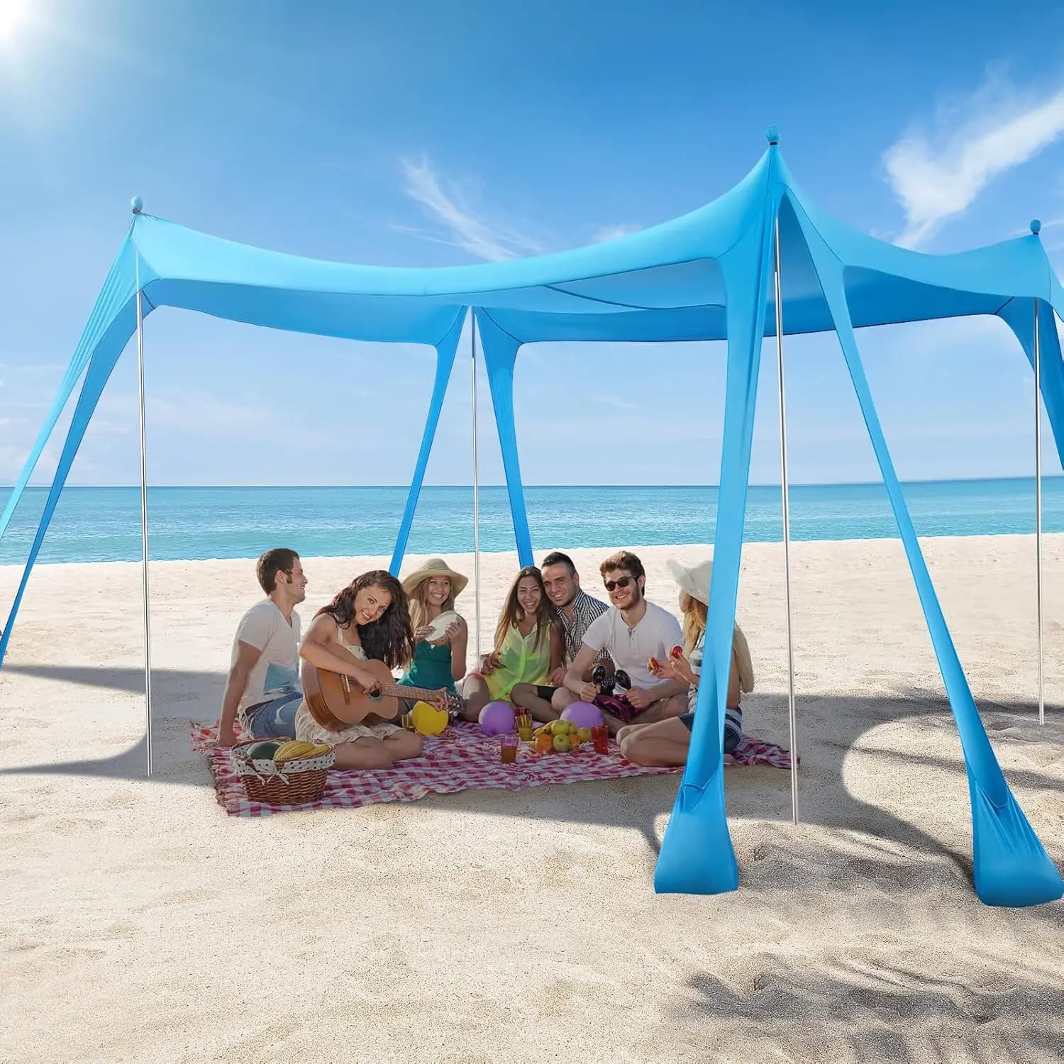 Tenda da spiaggia Tenda da campeggio Riparo solare UPF50+ con 8 sacchi di sabbia 4 pali di stabilità Ombra esterna Baldacchino da spiaggia Pesca nel cortile Divertimento Picnic