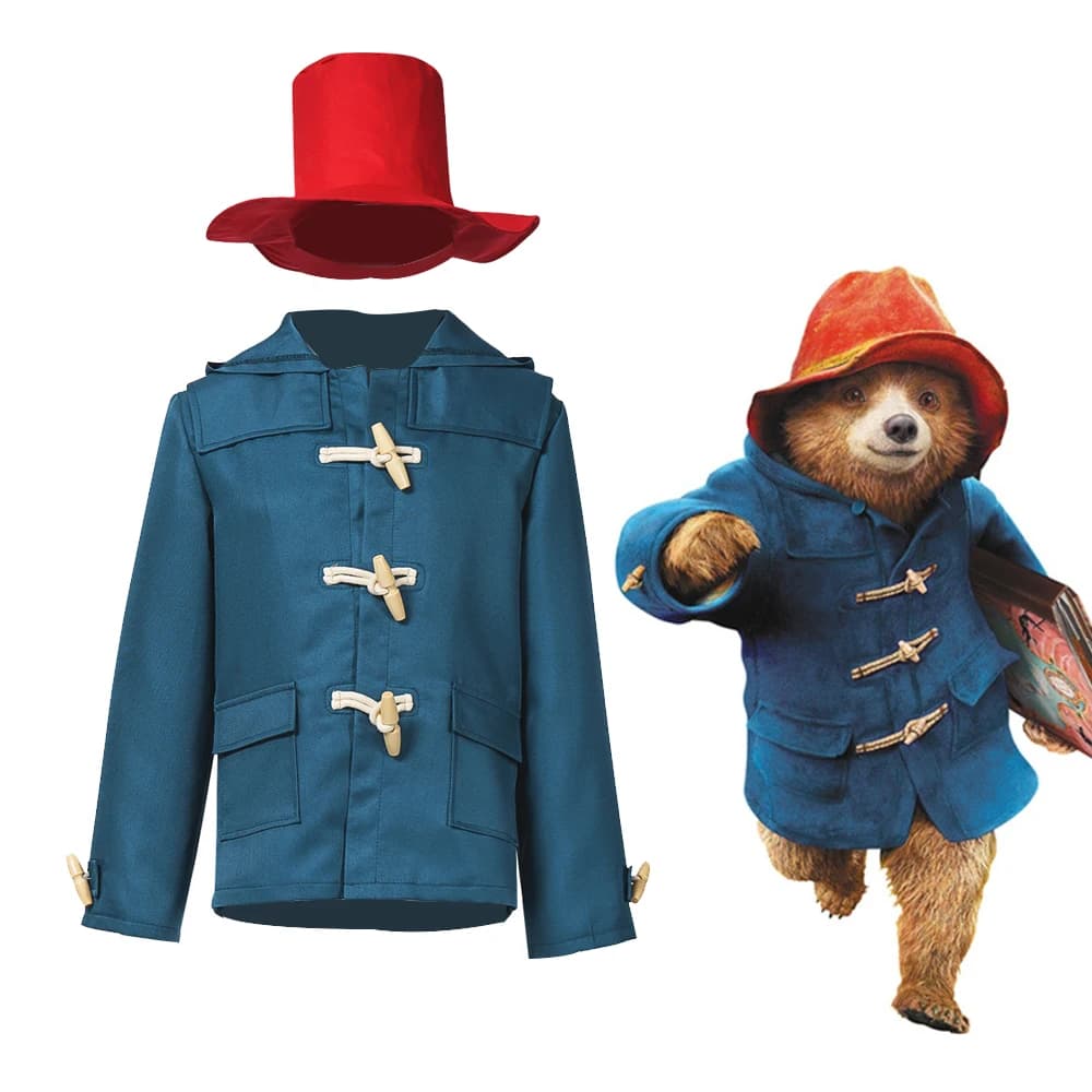 Costume da Orso Paddington per Bambini, Set Cappotto Blu e Cappello Rosso, Abbigliamento per Halloween, Carnevale e Settimana del Libro