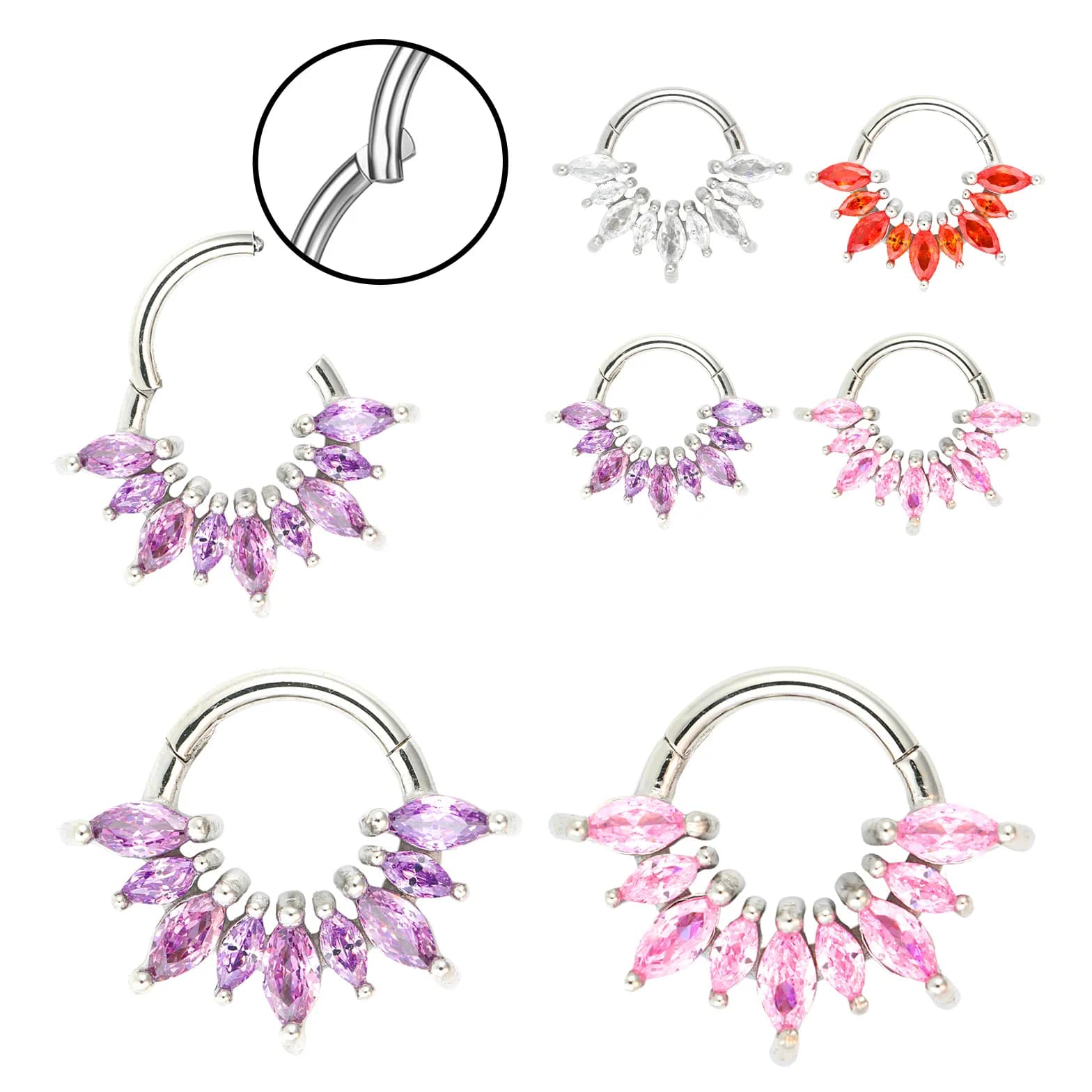 1/4 Pezzi Orecchini a Cerchio per Naso in Acciaio Inossidabile 316 con Cerniera Chiusa e Zirconi 5A Incastonati Viola, Rosa, Bianco, Arancione