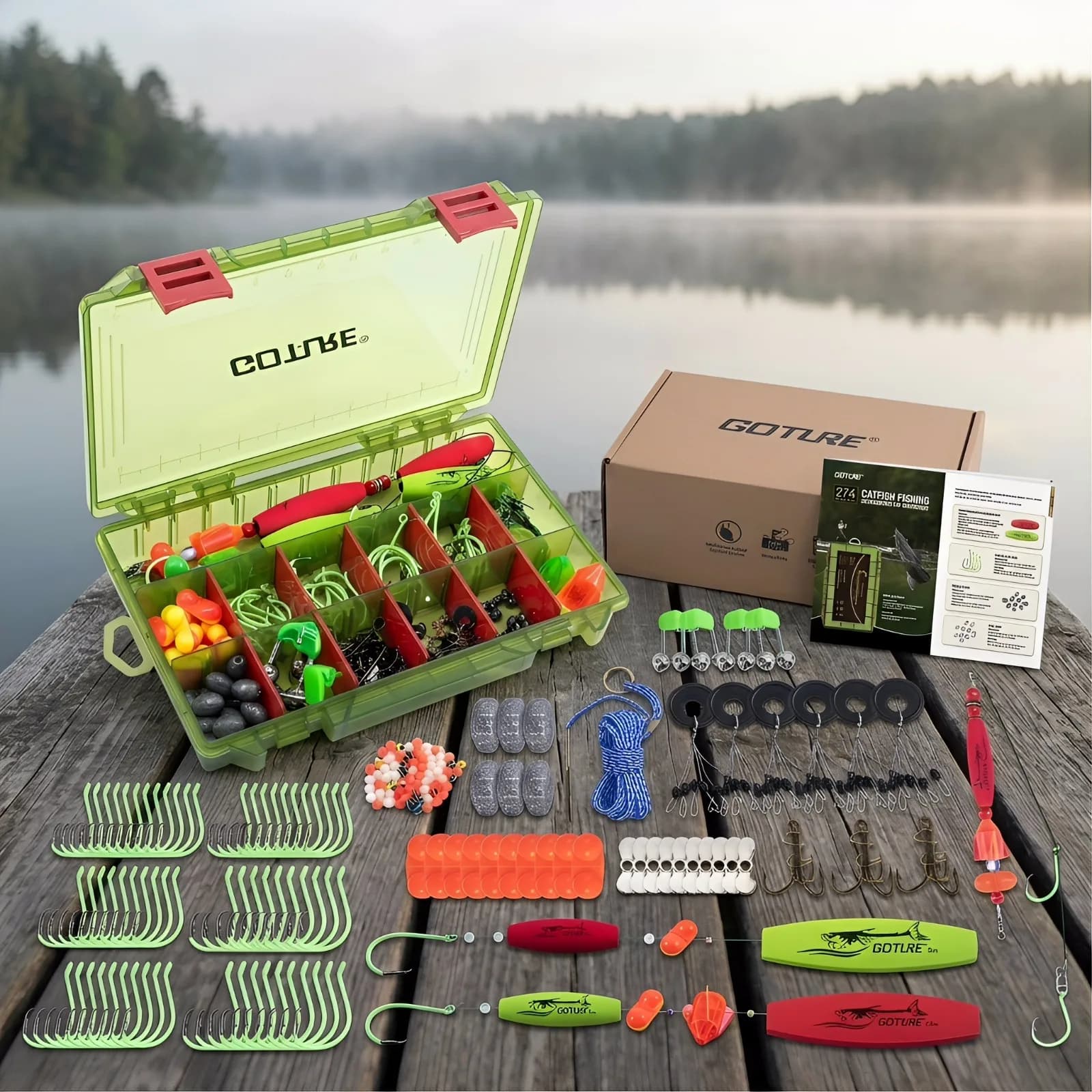 Kit di Attrezzatura da Pesca Goture 274/300 Pezzi con Scatola Porta Attrezzi 3600, Galleggianti a Sonaglio Inclusi Ami, Piombi, Perline, Girelle, Attrezzatura per Acqua Dolce