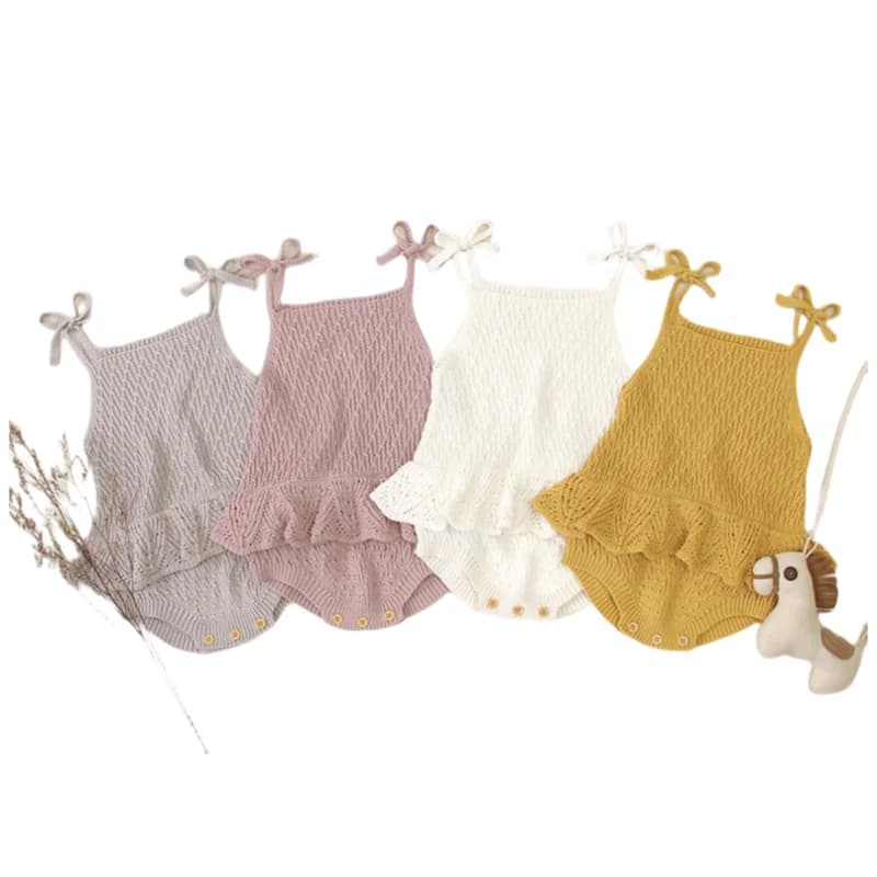 Pagliaccetto per bebè in maglia di cotone 100% 0-2 anni Tutina con volant con fiocco per bambine con bottoni automatici Pagliaccetto con design per cambio pannolino