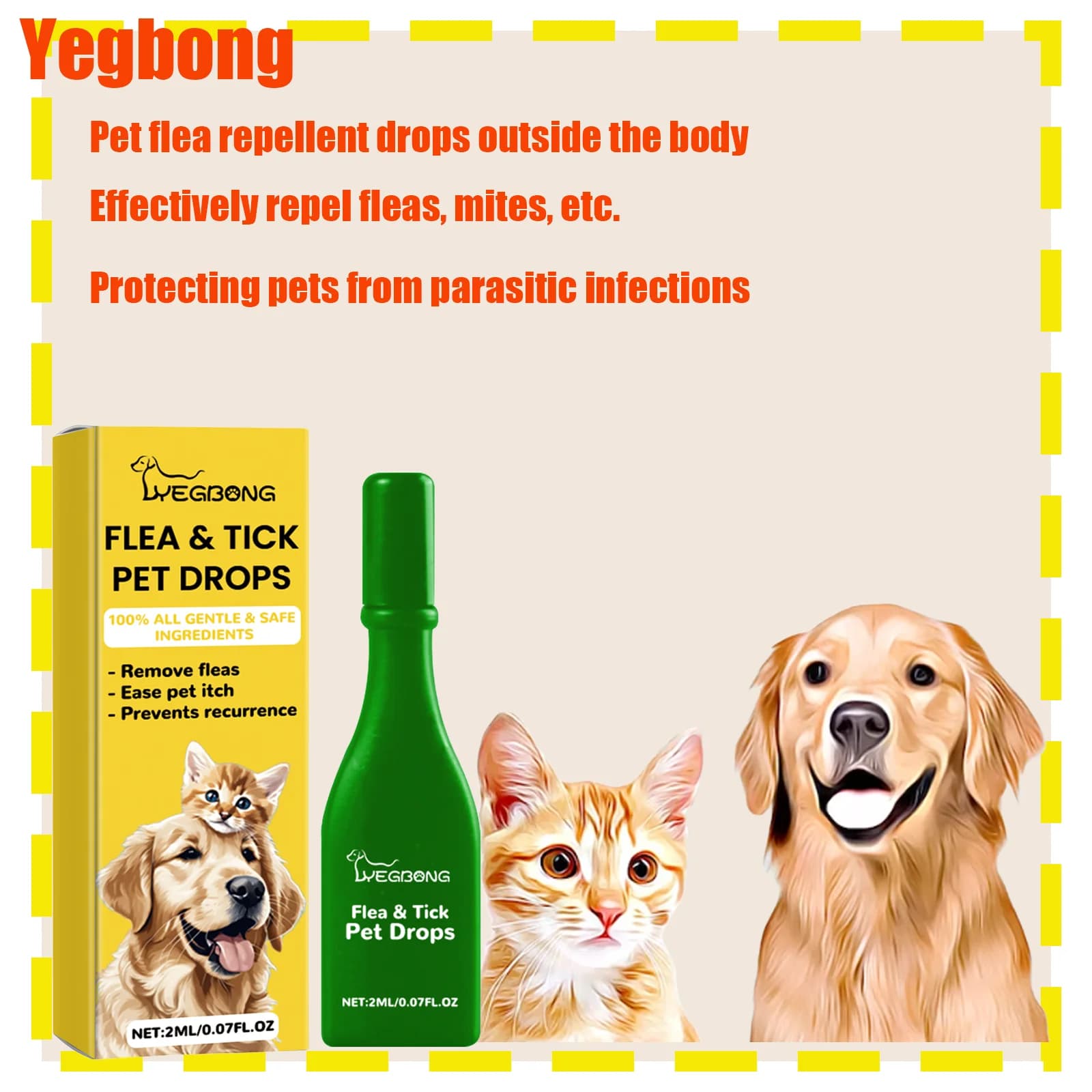 Yegbong Goccioline repellenti per insetti esterni per animali domestici per la pulizia di cani e gatti Pulci esterni, pidocchi, zecche, cura antipruriginosa sulla pelle