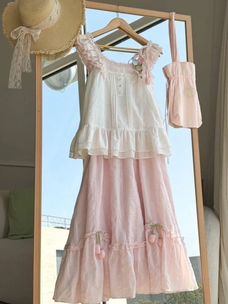 Sweet Kawaii Ruffle Trim Tulip Decor Two Piece Set Women White Pink Sleeveless Cami Top Tiered Midi Skirt Summer Dailywear Outfi