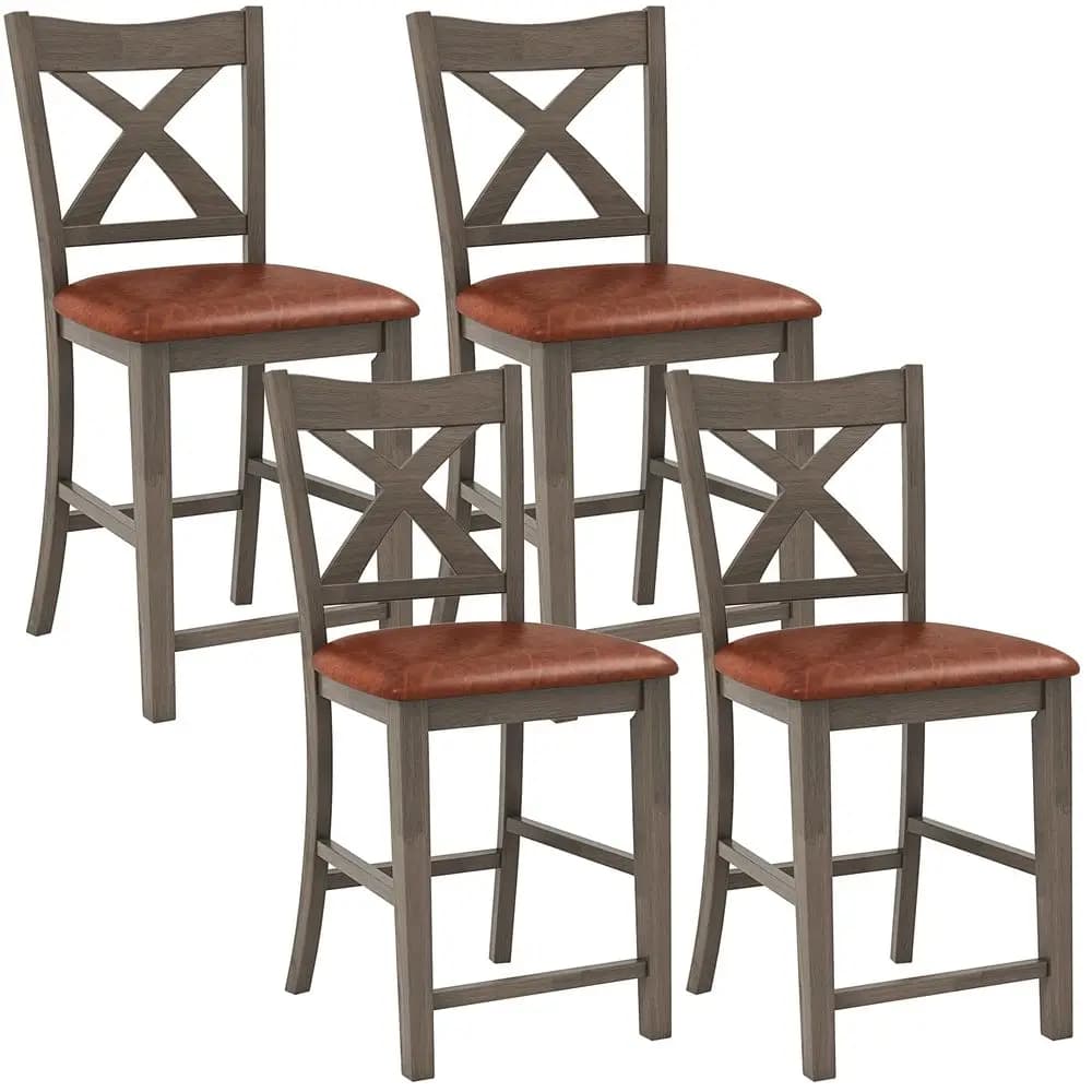 Set di 4 sgabelli da bar, 24 sgabelli da bar con struttura in legno di gomma, cuscini in ecopelle, poggiapiedi, stile Mid-Century Modern