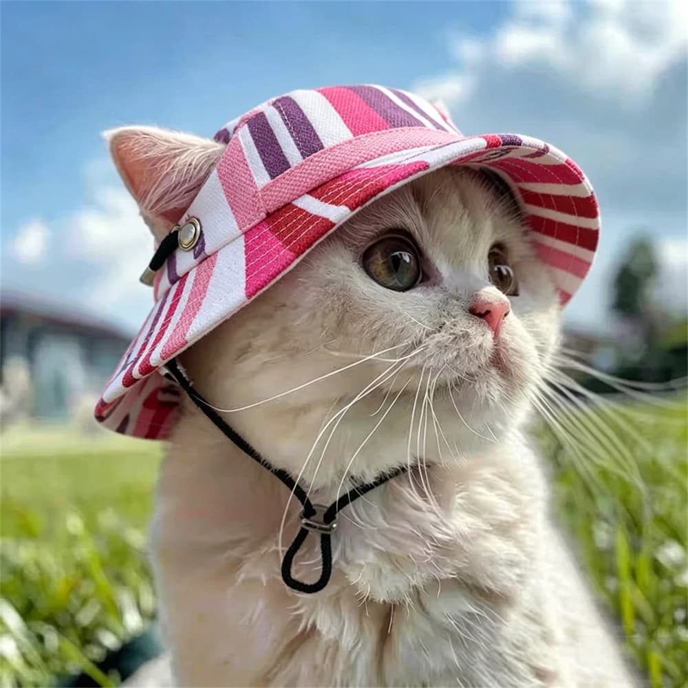 Summer Sunshade Cat Canvas Hat Stripe Print Pet Cap for Cats Gotas Sphynx Chinchilla Hats Outdoor Mascotas Grooming Accessories