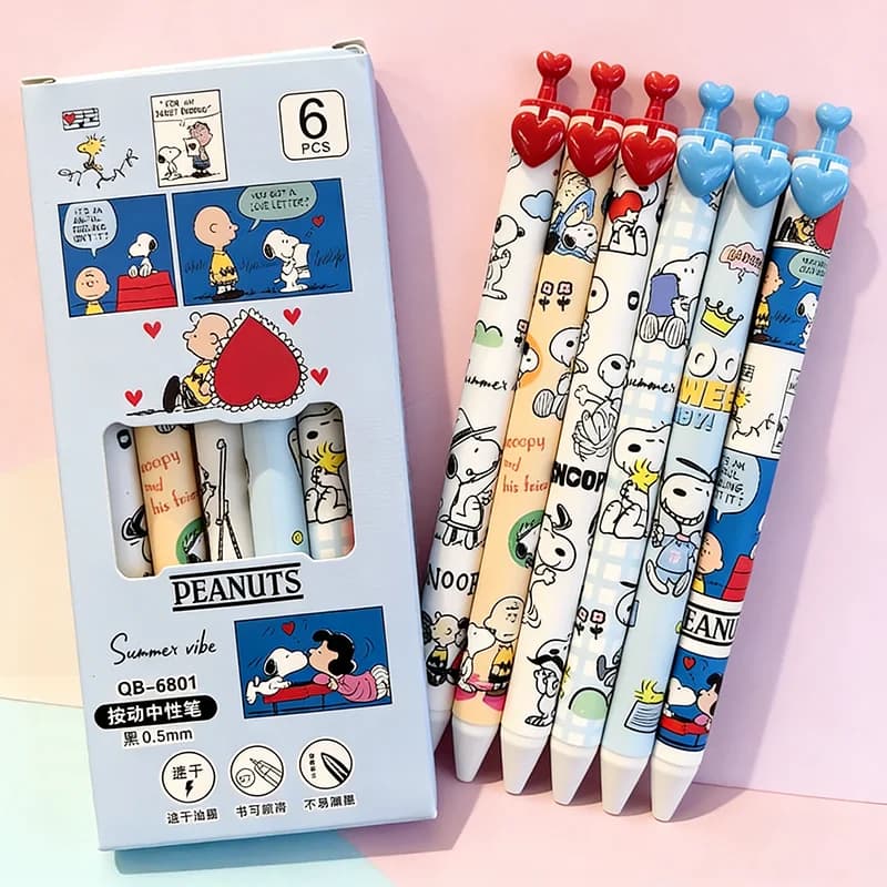6 Pcs Snoopy Gel Pen Set 0.5mm Quick Dry Black Ink Press Type Signature Pens Cute Cartoon Student Office Stationery Gifts