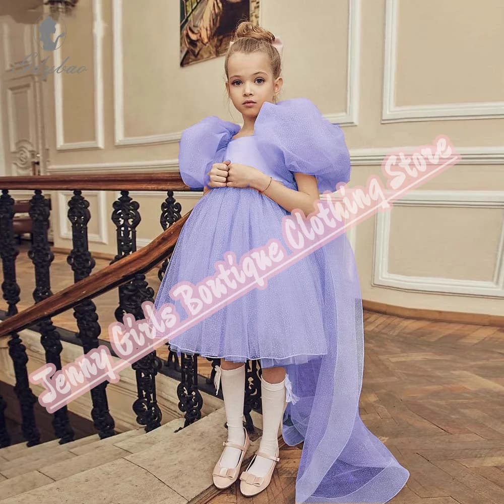 Elegante tulle maniche a sbuffo lavanda leggera matrimonio abiti da ragazza di fiori abito da festa di compleanno con nastri con fiocco pieghettato quadrato