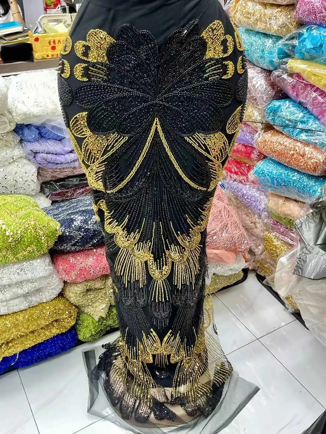 Gold African Luxury Beaded Tulle Lace Fabric 2025 Nigerian Handmade Heavy Sequins Pearls Lace Fabric Fro Bridal Wedding Dresses