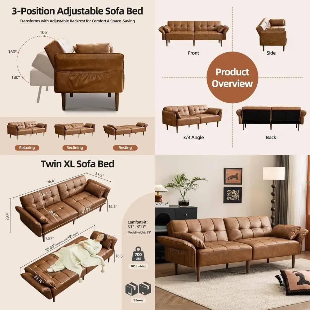 Adjustable sofa bed with container, cushions and sofa in modern style of the century, brown