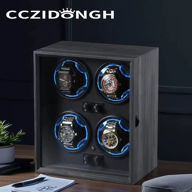CCZIDONGH Scatola Porta Orologi Automatica in Legno con 2/4 Scomparti, Motore Mabuchi, Luce LED e Funzione Carica Automatica