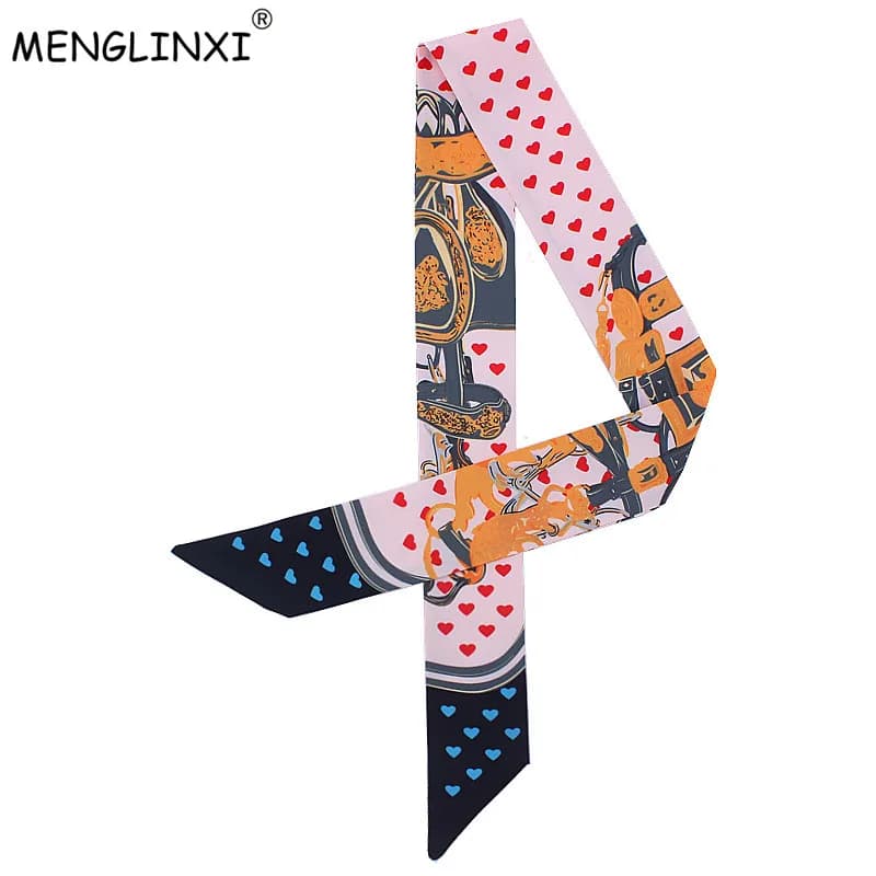 2024 New Heart Chain Print Small Silk Scarf of Women's Fashion Head Scarf Luxury Brand Small Scarves Long Waist Bags Female Crawl