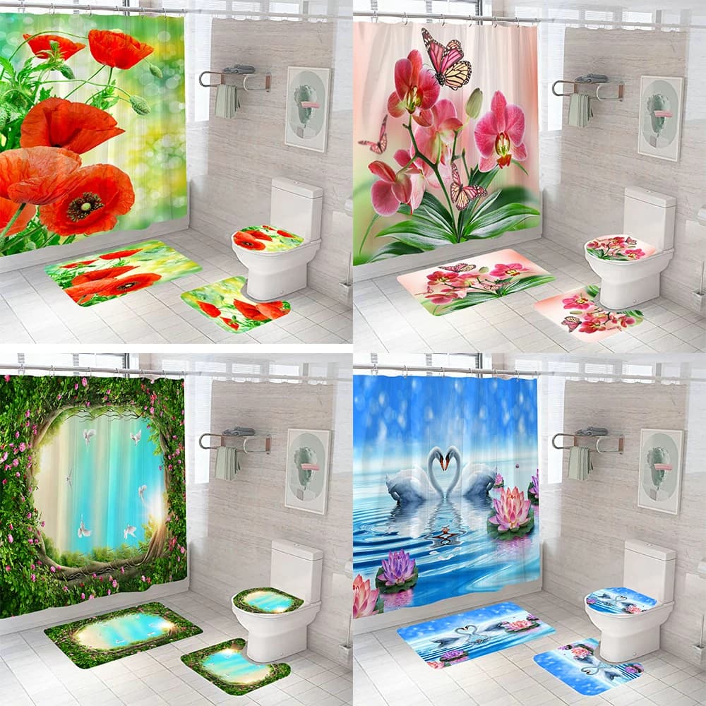 Tenda da doccia impermeabile per bagno Set di tende da bagno con fiori Copriwater Tappetino antiscivolo Set di tappeti Accessori per la decorazione della casa