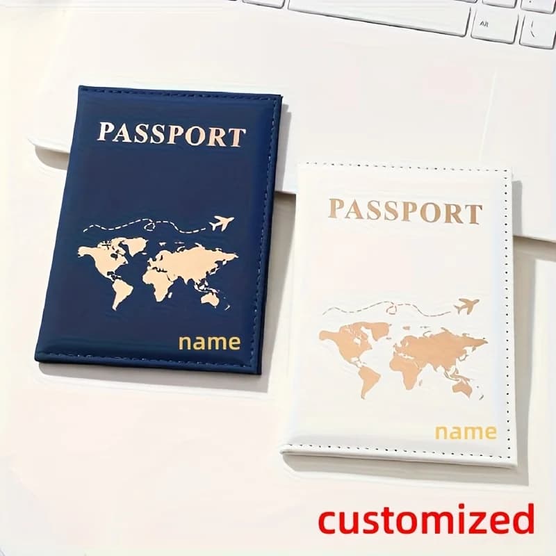 2pcs Custom Name Couple Travel Passport Holder, with Golden Foil Map & Letter Print, Minimalist Design Passport Cover