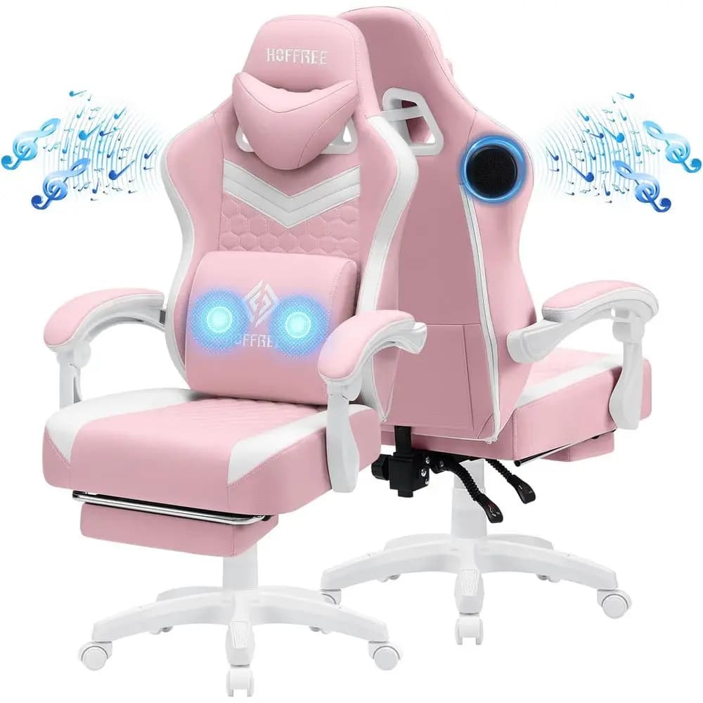 Sedia da Gaming Ergonomica con Altoparlanti, Massaggio, Supporto Lombare, Reclinabile, Bluetooth, Rosa e Bianca