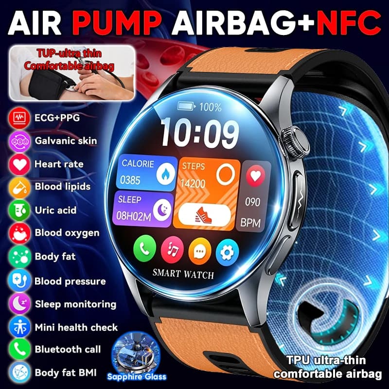 2026 New Accurate Blood Pressure Measurement Air pump airbag Smart Watch ECG+PPG Body analysis Uric acid Health NFC Smartwatch