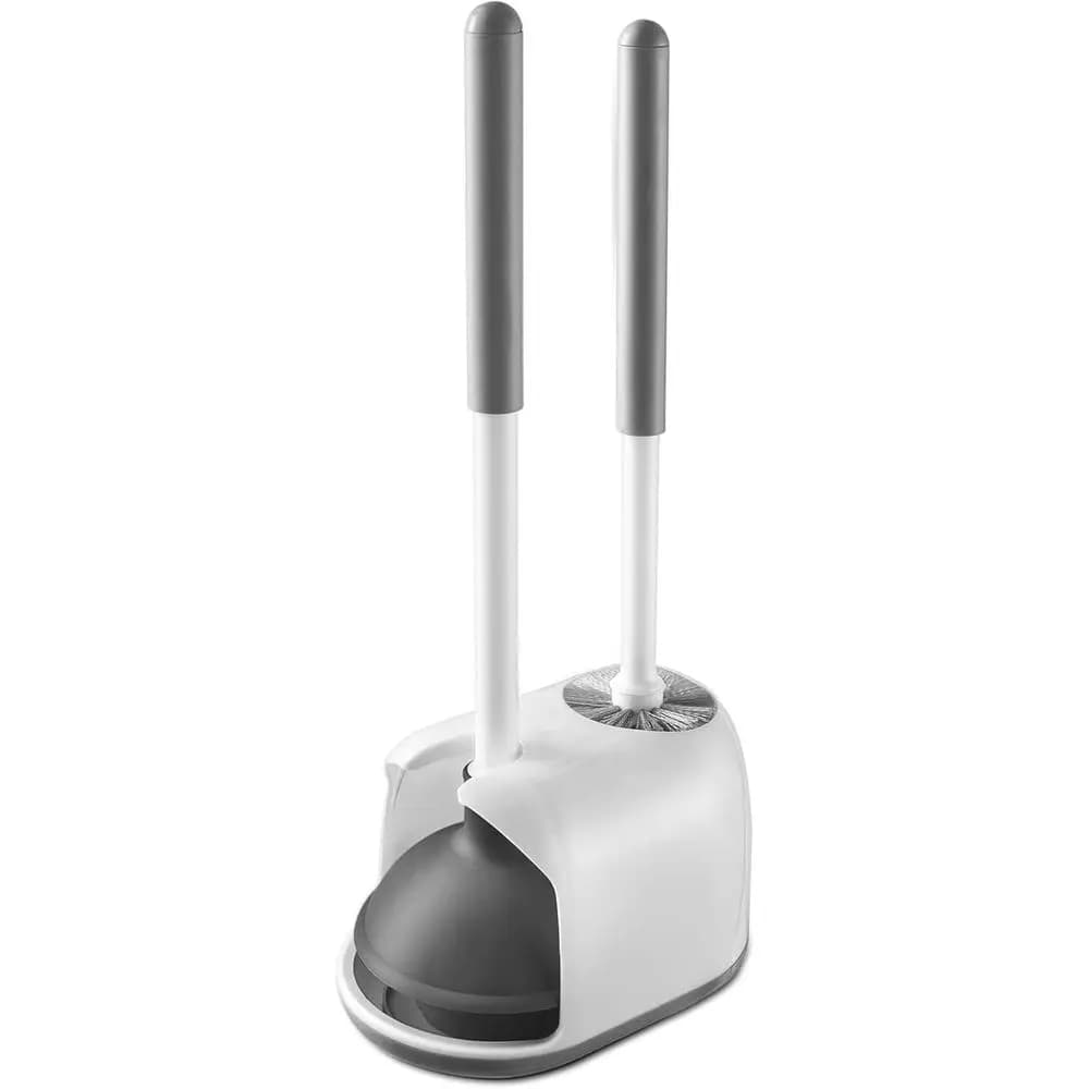 Set 2-in-1 di sturalavandini e spazzola per WC con supporto | Supporto Compatto | Bianco