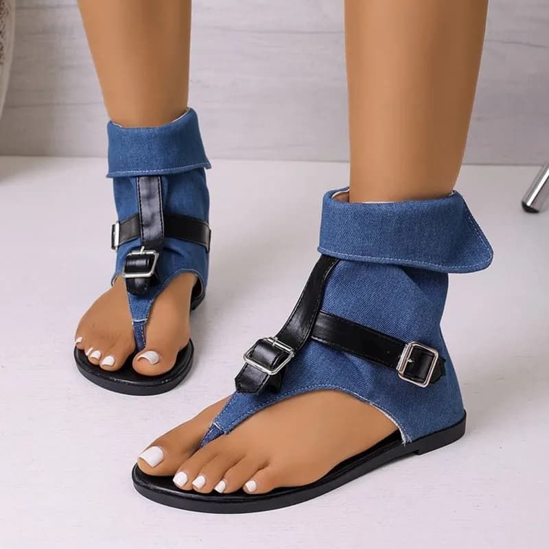 2027 Women Roman Sandals Summer Clip Toe Denim Belt Buckle High Top Flat Cool Boots Woman Outdoor Casual Flat Shoes Plus Size 43