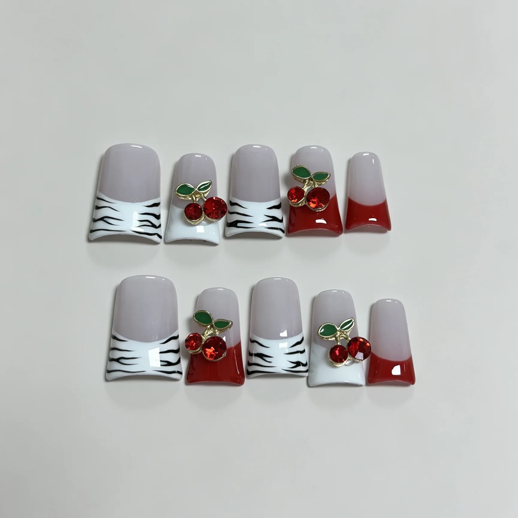 Medium Square 10Pcs French Press On Nails, Nude White Red Zebra Stripe Cherry Charms False Nails, Sweet Cool Nail Art