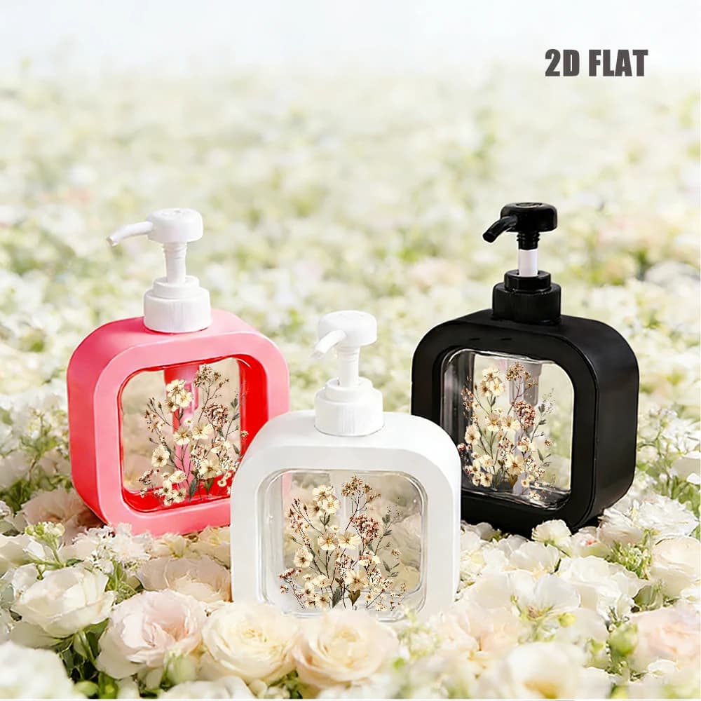 Dried Pressed Flower Print Refillable Liquid Soap Dispenser Delicate Floral Themed Lotion Pump Bottle for Bathroom Kitchen Decor
