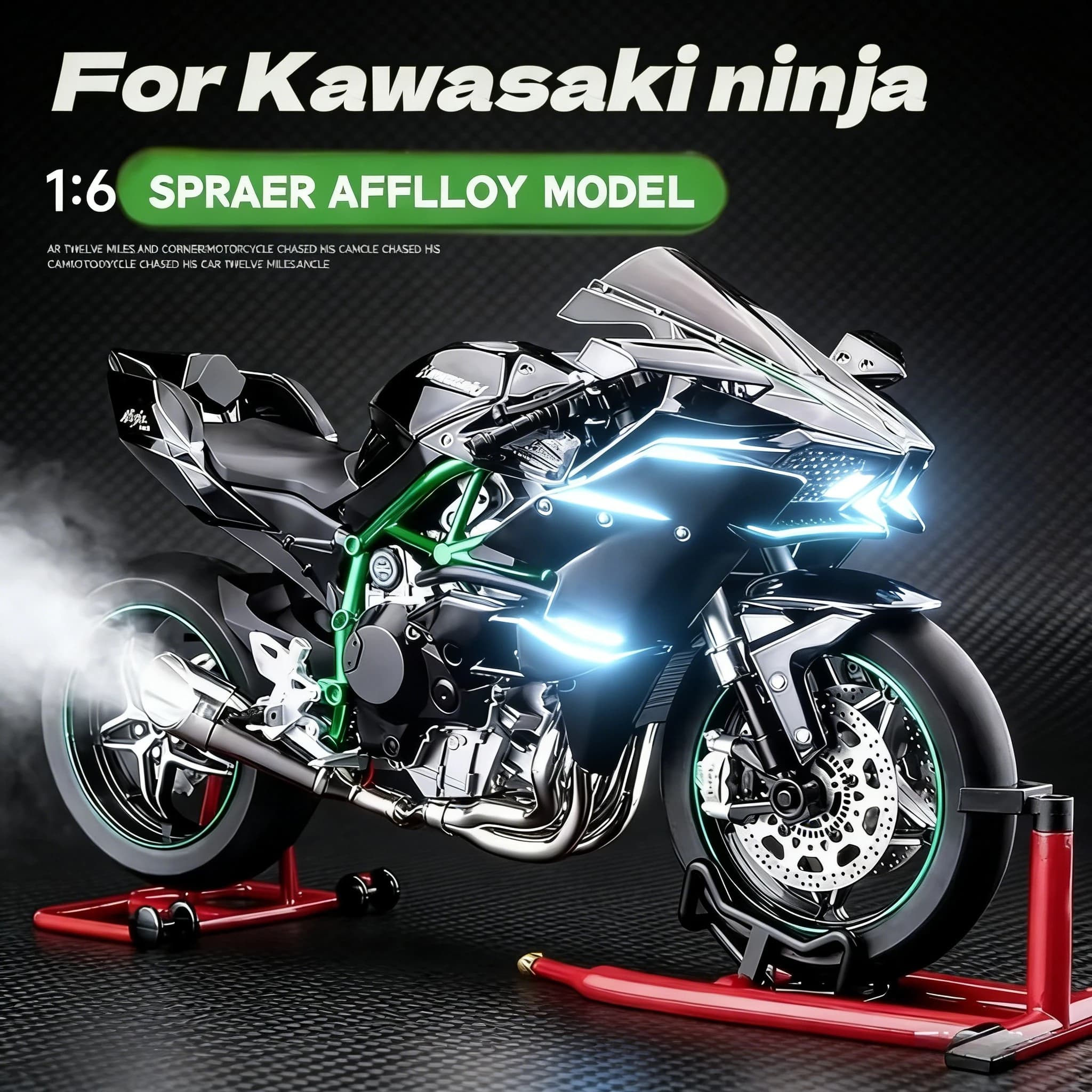 PER Kawasaki Ninja H2R 1:6 Modello di moto pressofuso in lega spray - Modello di visualizzazione da collezione realistico Regalo con suono e luce per ragazzi 3