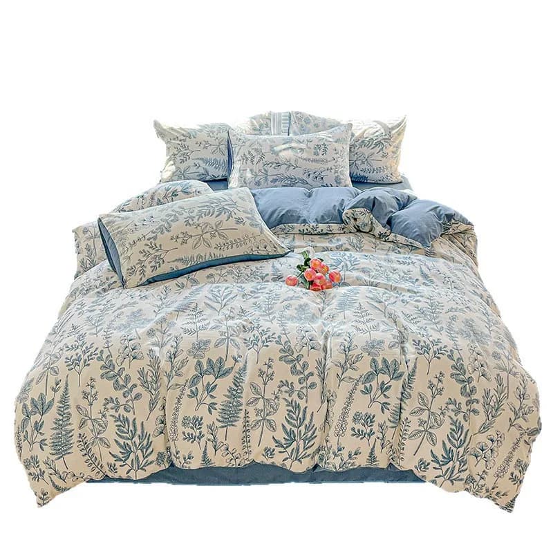 Set Copripiumino Singolo in Cotone Lavato a Doppio Filato, 3 Pezzi, Stile Semplice con Piccoli Motivi Floreali, Delicato sulla Pelle