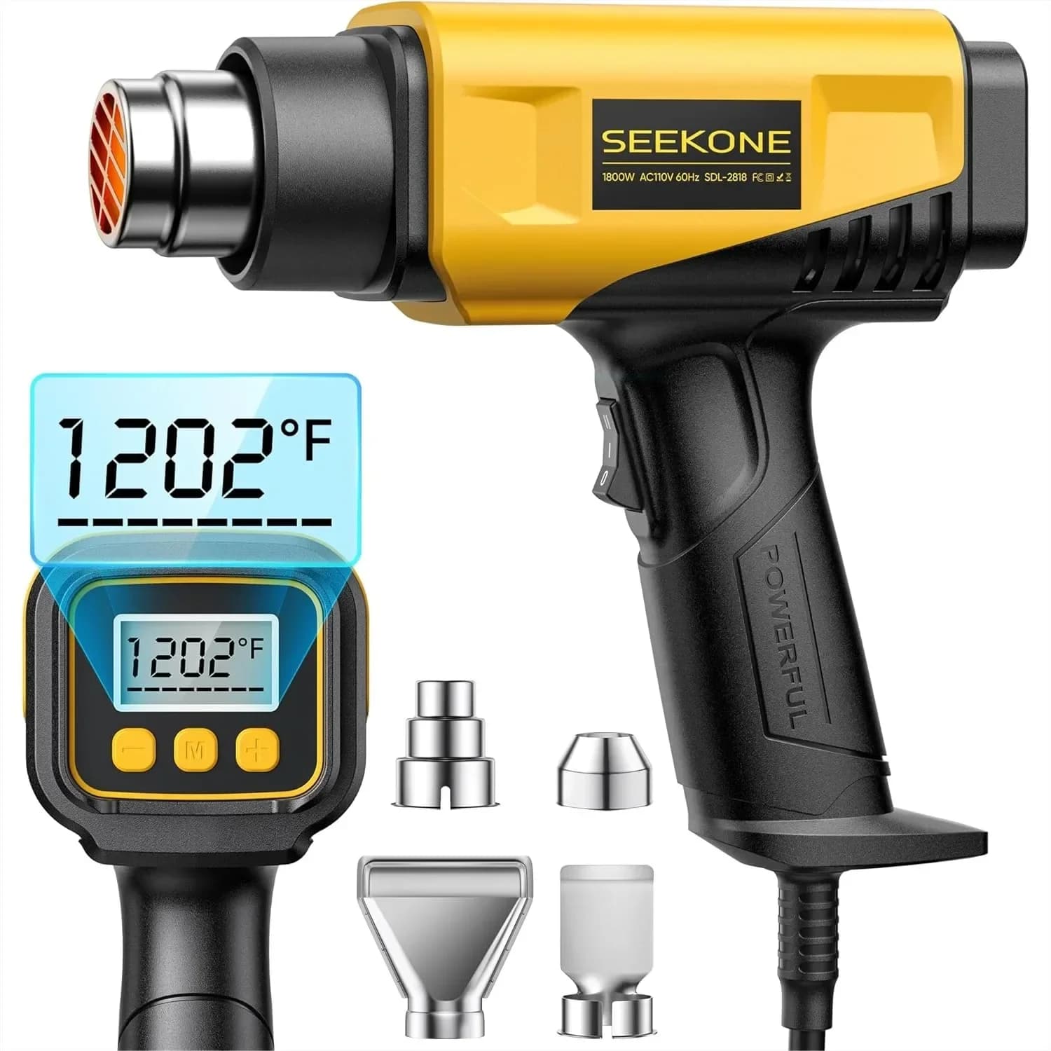 Pistola Termica Compatta da 1800W con Display LCD e Temperatura Variabile 122-1202 ℉ 4 ugelli per tubi termoretraibili in vinile per lavori artigianali