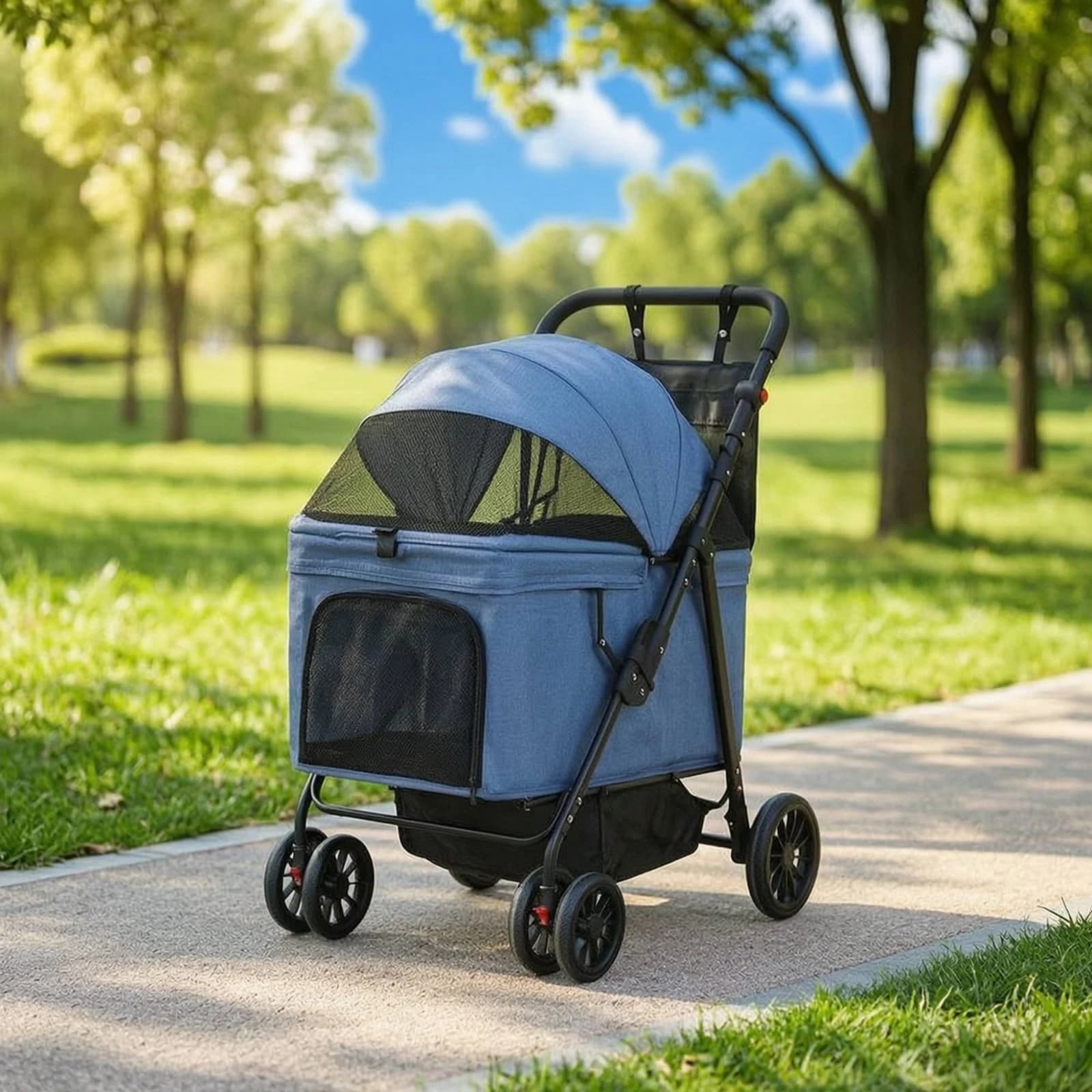 Pet Stroller with Mesh Panels Spacious Dog Cart with Adjustable Handle Wheeled Pet Carrier Breathable Secure for Dogs
