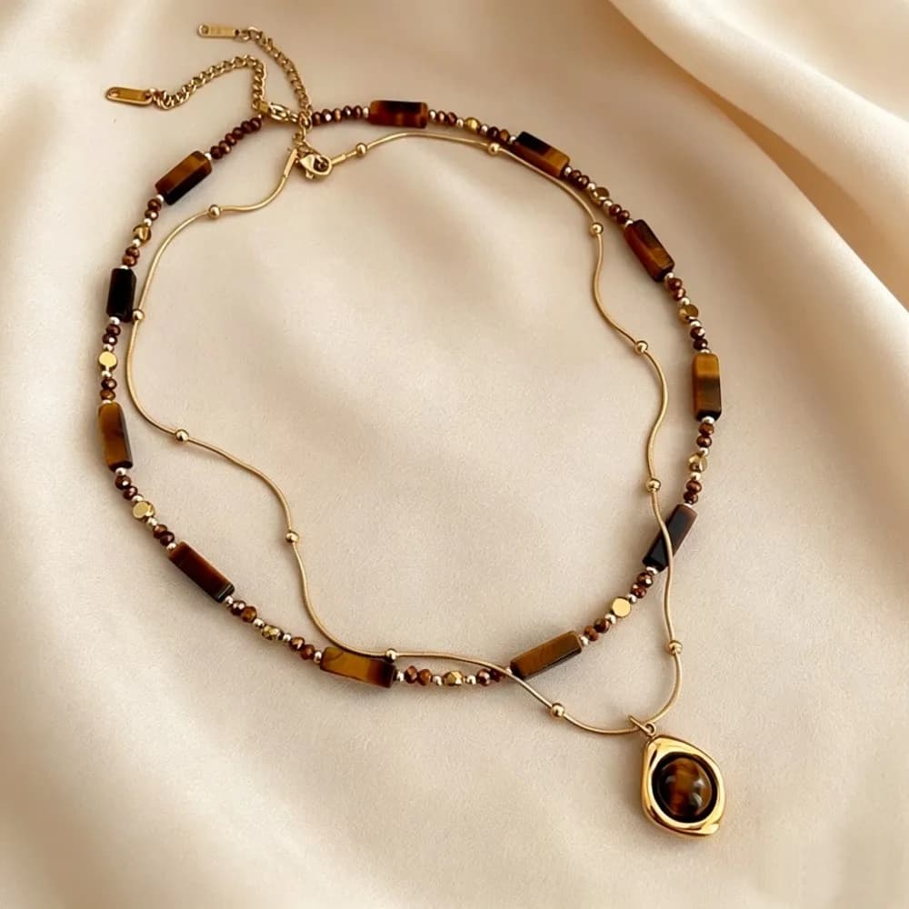 Retro Temperament Layered Tiger Eye Stone Pendant Necklace For Women Stainless steel Collarbone Chain Sets Jewelry