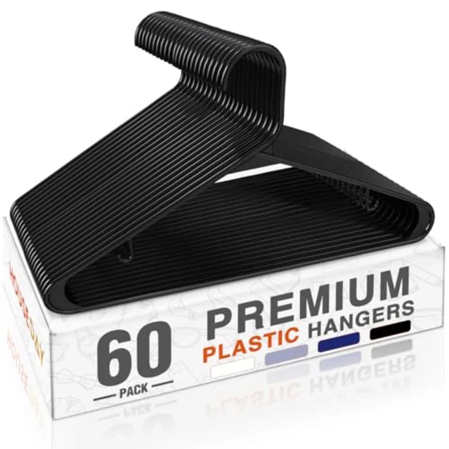 Black plastic hanger, 60 pack, with anti-slip hooks, durable and space saving, light clothes hangers.