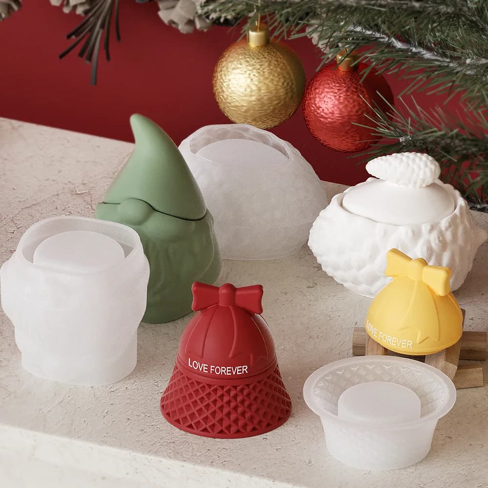 Scatola portaoggetti natalizia con coperchio Stampo in silicone Pigna Babbo Natale Fiocco Campana Barattolo di candela Stampo in cemento Stampi in resina epossidica per gesso