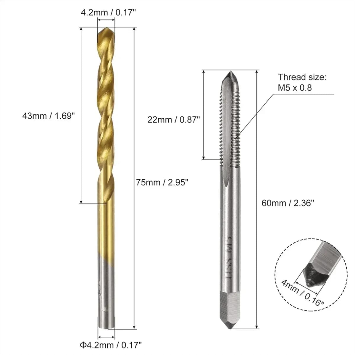 Set di punte da trapano AA05, maschiatura filettata a scanalatura dritta M5 x 0,8 e punte elicoidali da 4,2 mm rivestite in titanio, utensili per filettatura HSS6542