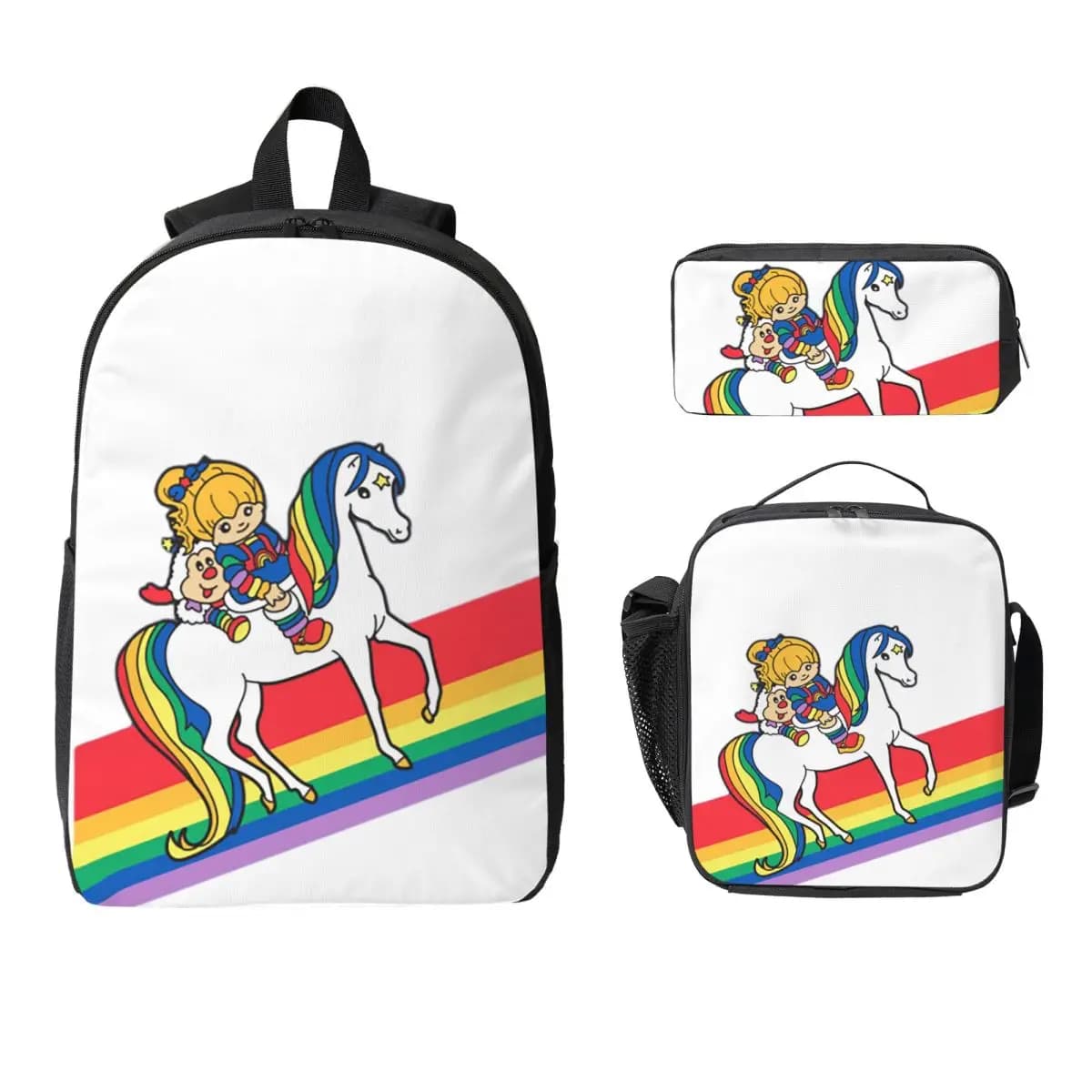 Rainbow Brite And Friends Retro anni '80 Cartoon Zaino BookBag Borsa da scuola Borse a tracolla Borsa da pranzo isolata 3ps Astuccio