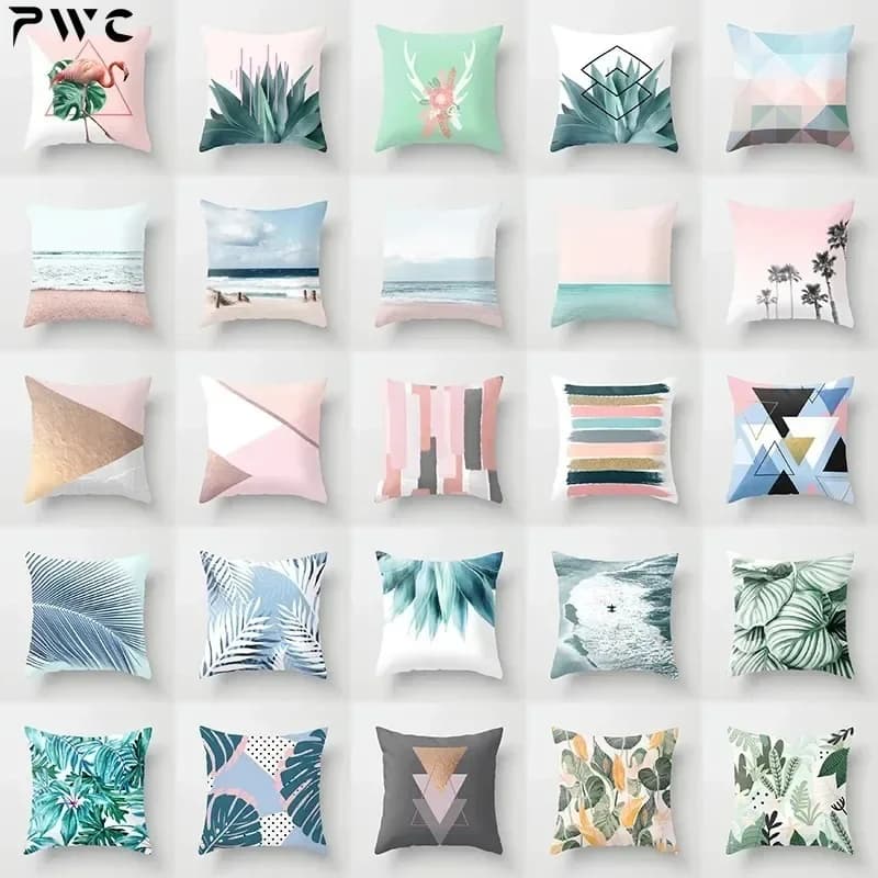 Blue Geometric Red Pillow Sheet Modern Beach Tropical Plants Print Cushions Cover Car Seats