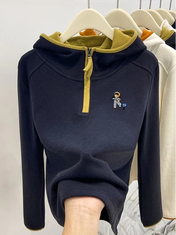 Thiened f Zipper Hoodie Women's Winter New Sle Cartoon Sweatirt Warm Loose Inner Wear Polyester Fiber Long Sve