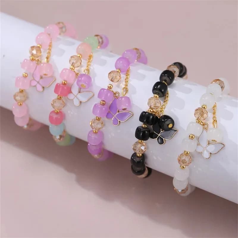 Colorful Butterfly Charm Beaded Stretch Bracelet For Women Multi Color Crack Faceted Beads Round Charm Cute Girls Jewelry Gift